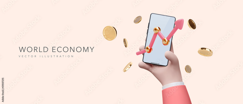 Poster world economy banner in 3d realistic style with phone in hand and empty screen and statistic arrow a