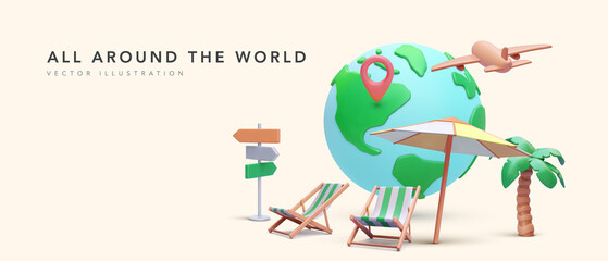 All around the world concept poster in 3d realistic style with planet, pointer, airplane, palm tree, beach chair, road sign, umbrella. Vector illustration