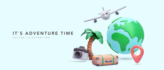 Adventure time concept poster in 3d realistic style with planet, airplane, palm tree, suitcase, camera, pointer. Vector illustration