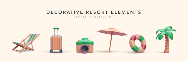Set of resort elements in 3d realistic style beach chair, suitcase, camera, umbrella, palm tree, lifebuoy. Vector illustration © bs_k1d