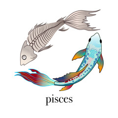 Pisces in a colorful style. Modern vector illustration Pisces. Horoscope. Illustration for souvenirs and social networks. Modern Magic Cards with Pisces Astrology Zodiac Characteristics.