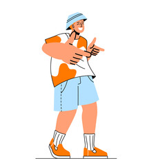 People pointing at something. Model for advertising posters and banners. Guy in cap shows two fingers. Product promotion and special offer for customers, discounts. Cartoon flat vector illustration