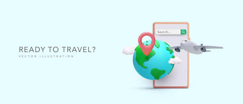 Travel concept banner in 3d realistic style with phone, planet, pointer, plain, clouds. Vector illustration