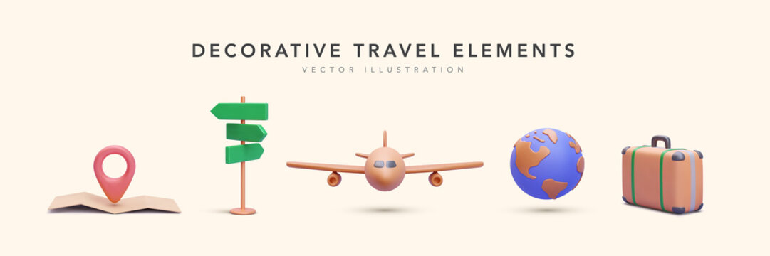 Set of travel elements in 3d realistic style map, road sign, airplane, planet, suitcase. Vector illustration
