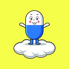 Cute cartoon capsule medicine character standing in cloud vector illustration in concept flat cartoon style