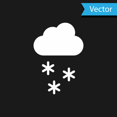 White Cloud with snow icon isolated on black background. Cloud with snowflakes. Single weather icon. Snowing sign. Vector