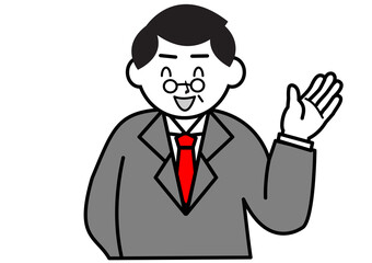 笑顔で紹介するスーツ姿の男性