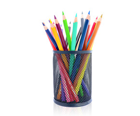 Colored pencils in pencil box isolated on white background.