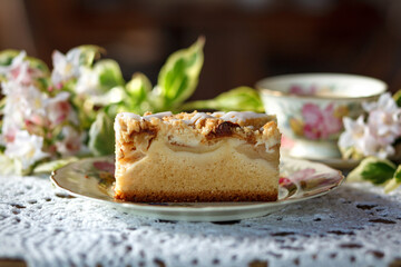 A piece of cake and a cup with a drink on the table.