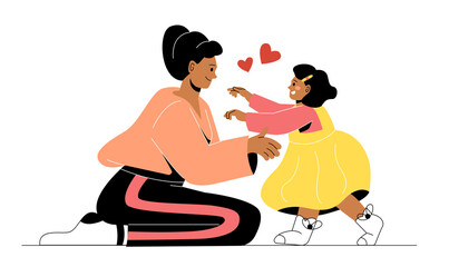 Warm hugs between kids. Daughter glad to see her mother, woman hugs child, parents and children. Care and love, good family relationships and mutual support. Cartoon flat vector illustration