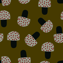 Modern and simple repeat seamless pattern with abstract mushroom on brown background. Stylish vector surface design for fabric or wrap paper.