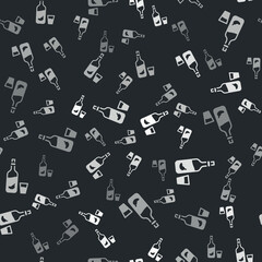 Grey Vodka with pepper and glass icon isolated seamless pattern on black background. Ukrainian national alcohol. Vector