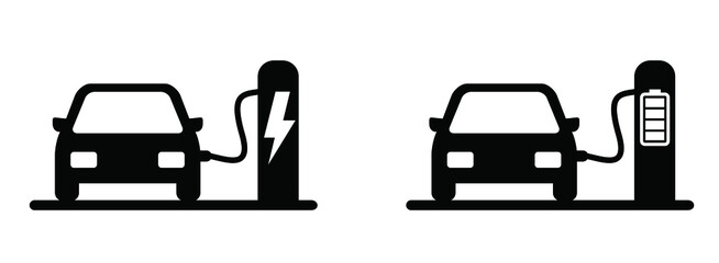 Cartoon parked e cars in a parking zone. Filling pump station. Electrical cable plugs for auto or car. Electric vehicle plug charging station point. Battery cars station logo. Pinpoint or pin location