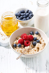 delicious homemade oatmeal with berries for breakfast on white background, vertical