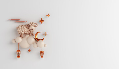 Eid al Adha islamic decoration background with goat sheep cloud arabic lantern crescent, ramadan kareem, mawlid, iftar, eid al fitr, muharram, copy space text area, 3D illustration.