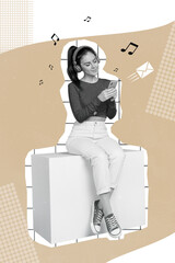Vertical composite collage portrait of positive person black white gamma sitting use hold telephone...