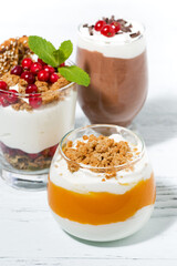 desserts with pumpkin, chocolate and biscuits, vertical closeup