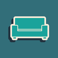 Green Sofa icon isolated on green background. Long shadow style. Vector