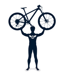 Vector black silhouette of a male cyclist holding a mountain bike overhead. Isolated on white background.