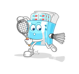 medicine package playing badminton illustration. character vector