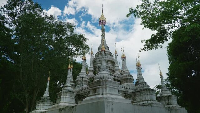 4K Cinematic landscape footage of a temple at Wat Tham Chiang Dao in Chiang Dao, North Thailand on a sunny day.