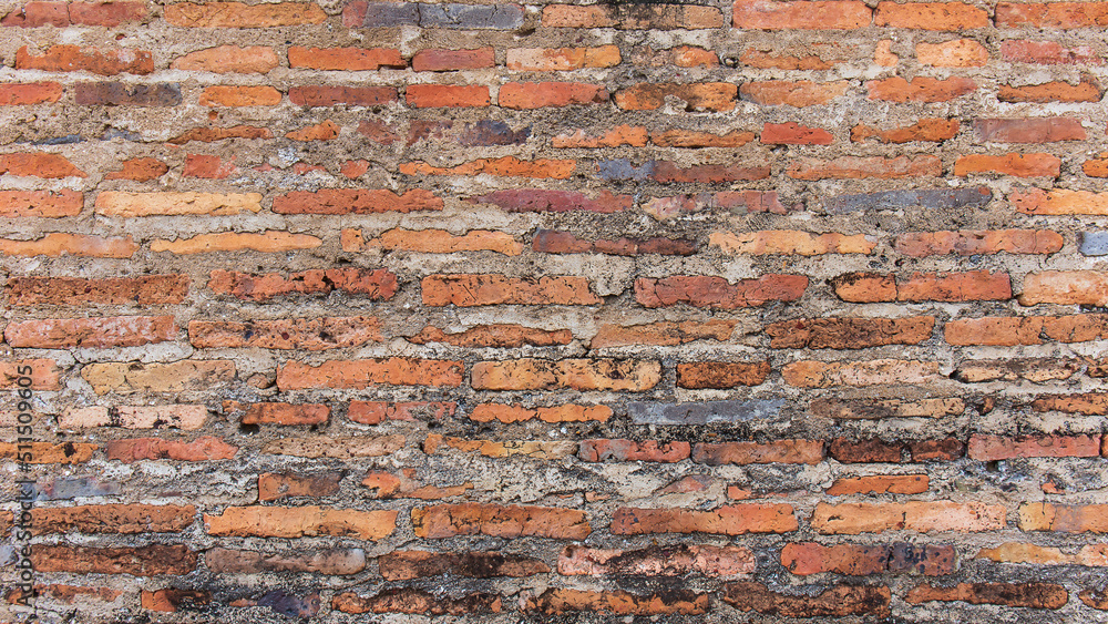 Poster old broken wall background with bricks.