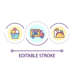 Catering truck loop concept icon. Vehicle for cooking and selling snacks abstract idea thin line illustration. Food trailer. Mobile kitchen. Isolated outline drawing. Editable stroke. Arial font used