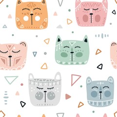 Seamless background with different funny cat faces in Scandinavian style. Creative children's texture. Great for fabric, wallpaper, clothing. Vector hand-drawn illustration.