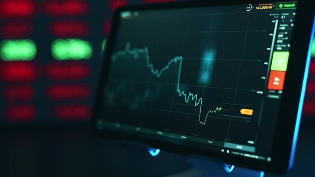 Stock market candles and information of exchange with data of price on the tablet screen. Financial indexes change up and down over time. Concept of trading cryptocurrency assets and bitcoin