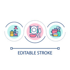 Choosing restaurant supplies and appliances loop concept icon. Purchasing essential equipment abstract idea thin line illustration. Isolated outline drawing. Editable stroke. Arial font used