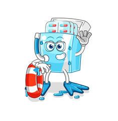 medicine package swimmer with buoy mascot. cartoon vector