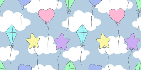 Colorful balloons and the sky, vector pattern, repeating background