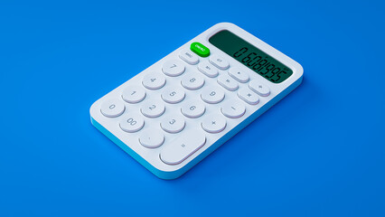 Calculator white color on blue background for business and finance, education 3D rendering.