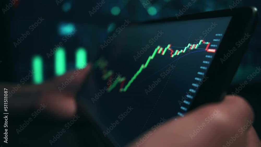 Poster stock market candles and information of exchange with data of price on the tablet screen. financial 