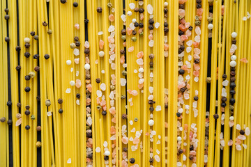 Obraz premium Top view of spices on raw spaghetti on black background.