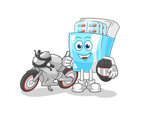 medicine package racer character. cartoon mascot vector