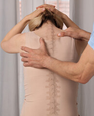 Womanwith neck and upper back pain. Injury or muscle spasm. Scoliosis Spine Curve Anatomy.