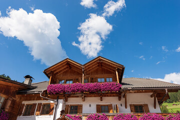 Closeup of a typical mountain chalet with balconies with purple petunia flowers in Trentino Alto...