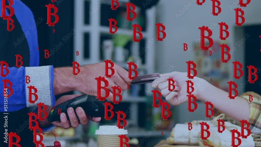 Poster animation of falling bitcoin sings over people using payment terminal
