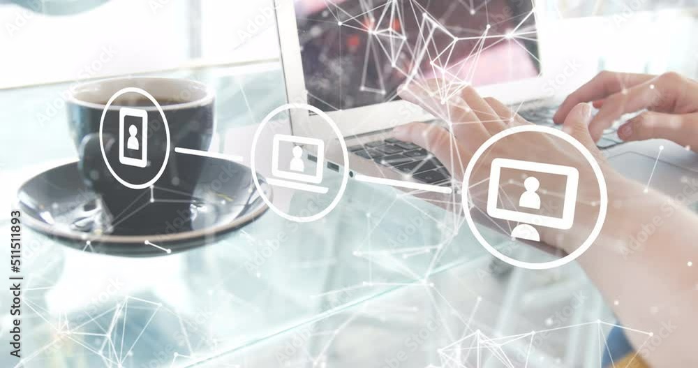Poster animation of network of connections over person using laptop