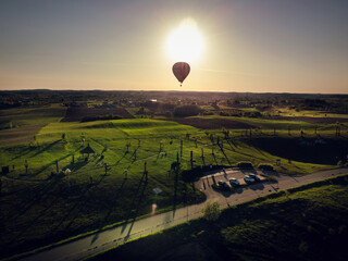 Hot air balloon flying in Trakai above Angel's hill
