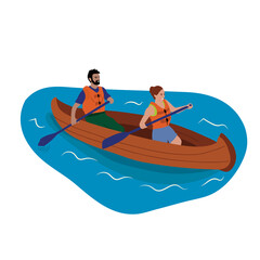 Couple kayaking together illustration. Young couple kayaking on lake together, Kayaking sport competition. Man and woman vacation, Wild and water fun on summer. Vector illustration in a flat style