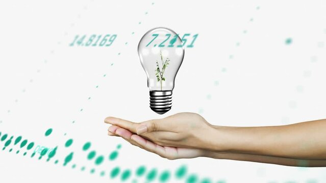 Animation of hand with light bulb and data processing over white background