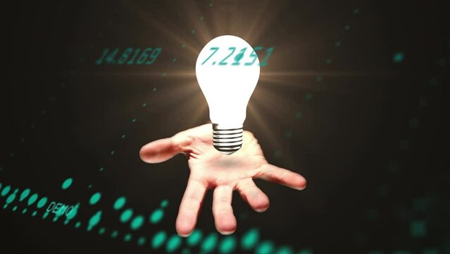 Animation of hand with light bulb and data processing over dark background