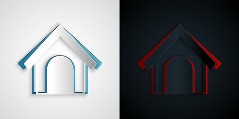 Paper cut Dog house icon isolated on grey and black background. Dog kennel. Paper art style. Vector