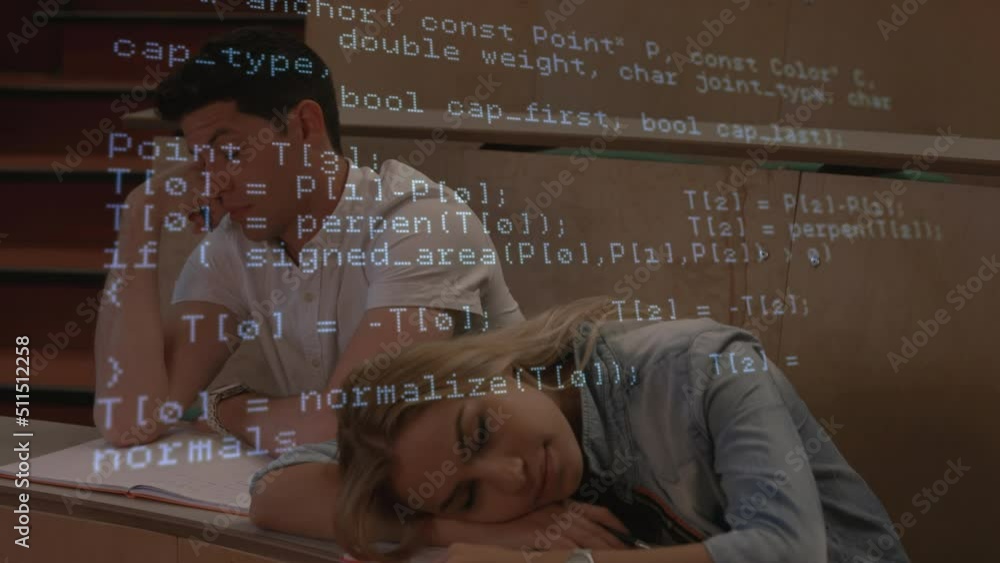 Poster animation of digital data processing over sleeping couple of caucasian students