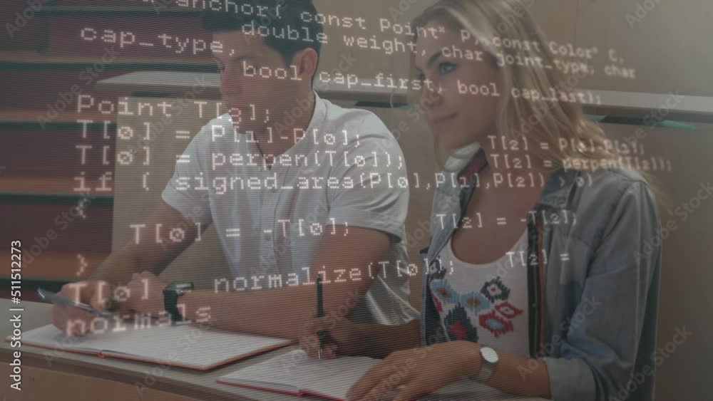Poster animation of digital data processing over couple of caucasian students