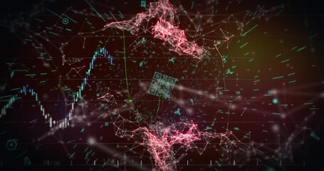 Animation of network of connections and qr code over dark background - Powered by Adobe