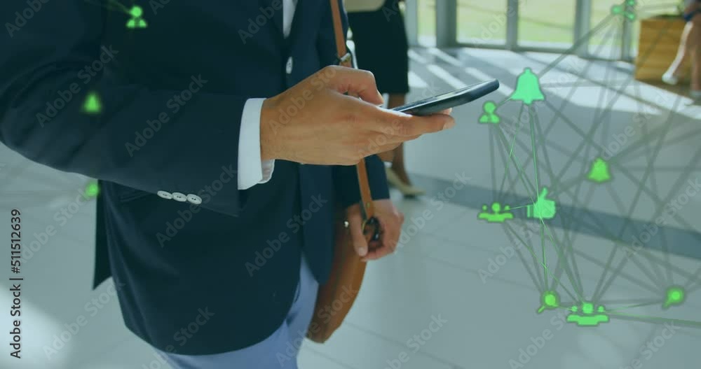 Poster animation of data processing over biracial businessman using smartphone