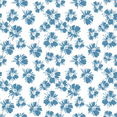 Vector seamless pattern with drawing poppy flowers, blue color botanical illustration. Hand drawn botanical backdrop. Artistic background.